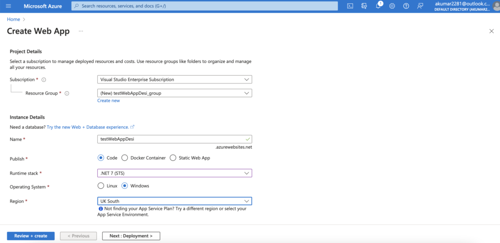 Create an Azure App Service - "Web App"