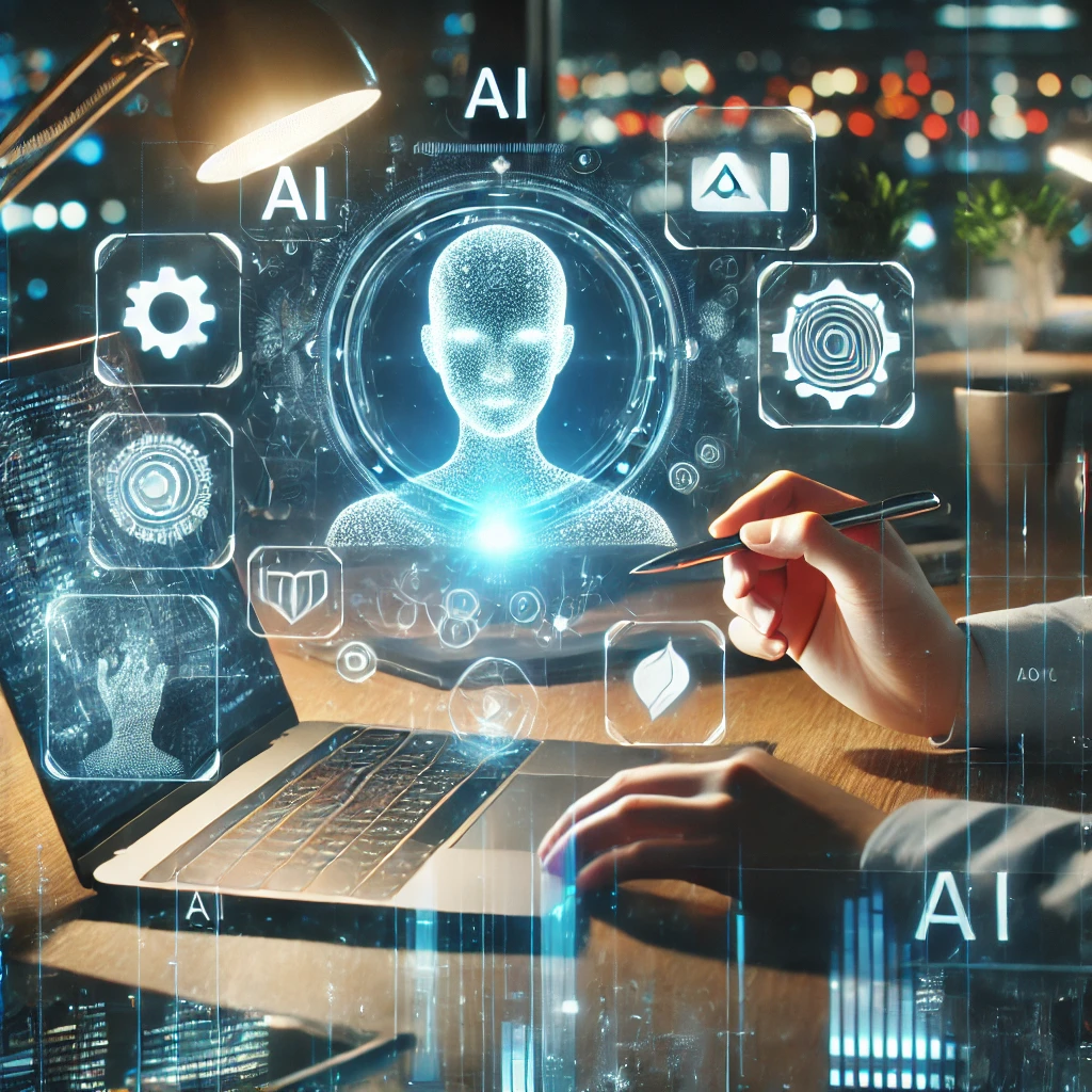 A futuristic workspace showcasing AI-powered content creation. The image represents the process of writing SEO-optimized, human-like articles using ChatGPT, emphasizing AI and human collaboration in content writing.