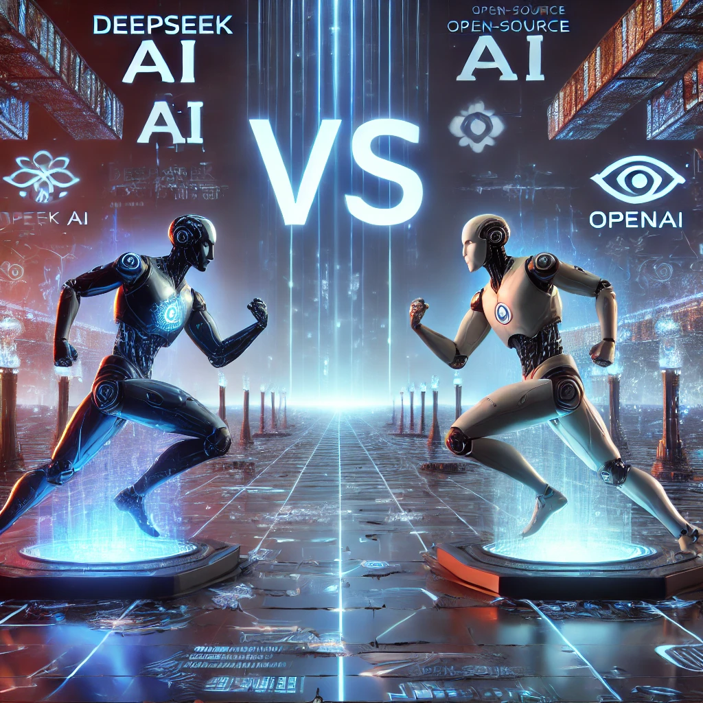 Futuristic AI battlefield depicting a head-to-head battle between DeepSeek AI and OpenAI, with glowing data streams, neural networks, and cyber elements showcasing the intense AI competition in 2025.