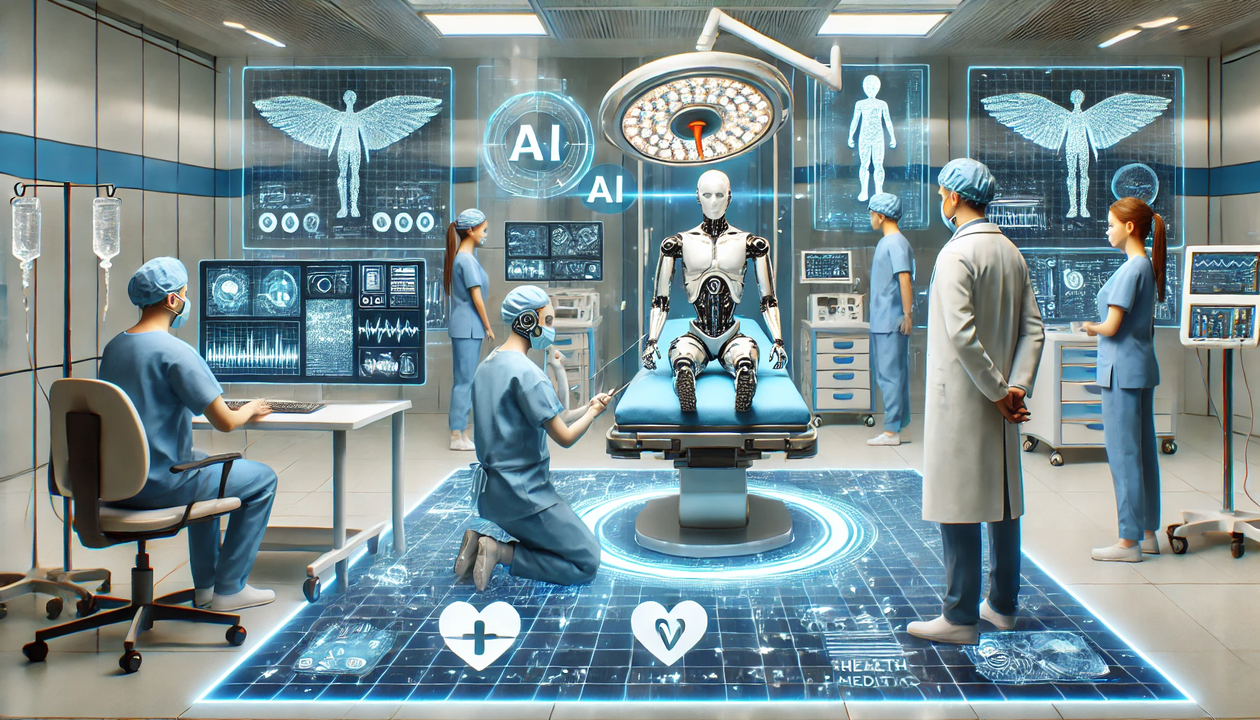 A futuristic hospital with AI-powered robots assisting doctors, a robotic surgeon performing surgery, and a patient being diagnosed with an AI medical scanner. Digital screens display real-time AI-driven health analytics.